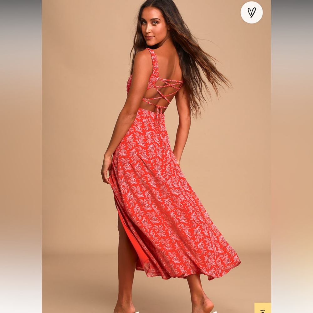 Lulus - NWOT Back to Backless Red Print Lace-Up Backless Dress - Small